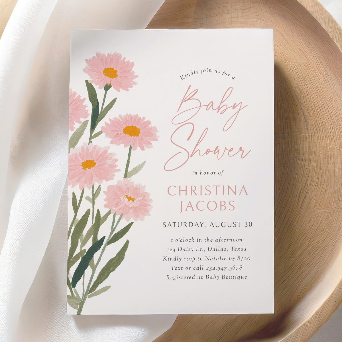 Pink Daisy Baby Shower Invitation Template