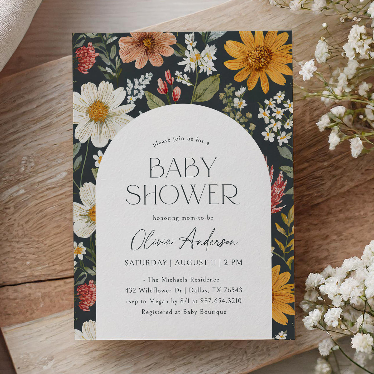 Dark Wildflower Baby Shower Invitation