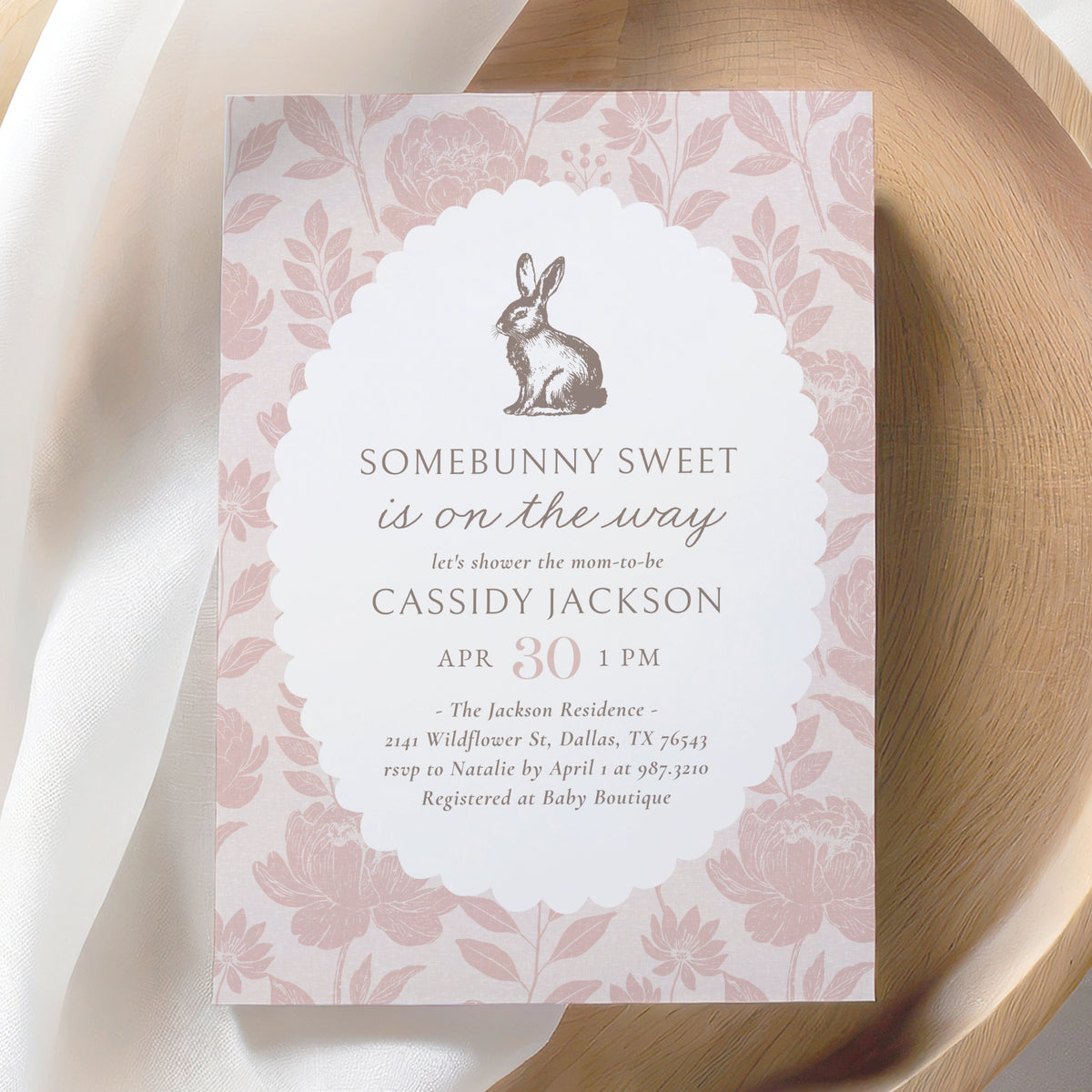 Pink Floral Bunny Baby Shower Invitation