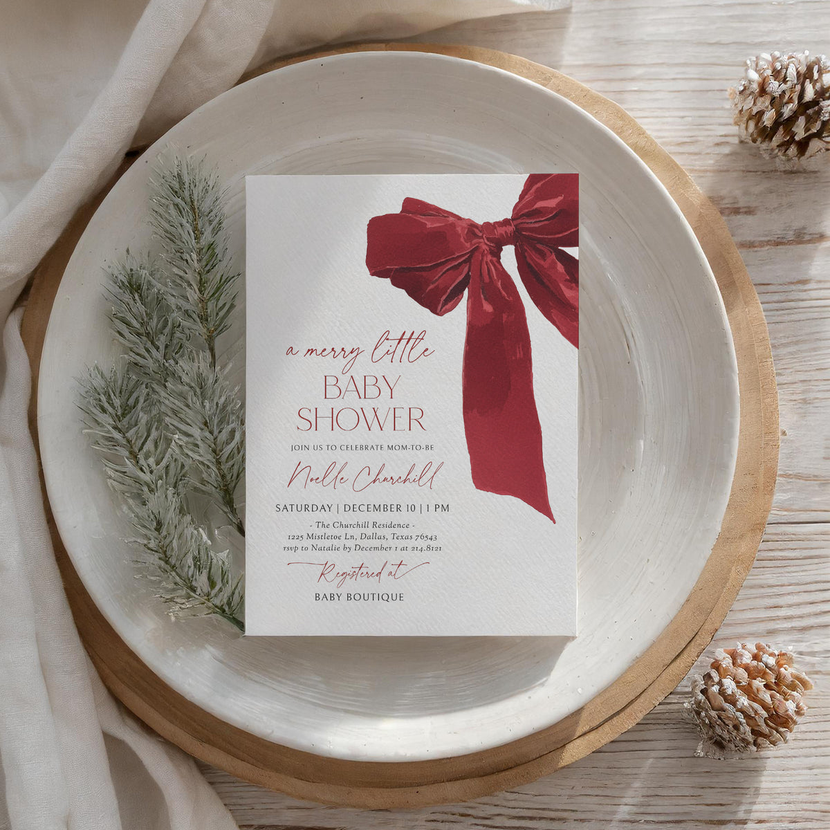 Red Christmas Bow Baby Shower Invitation