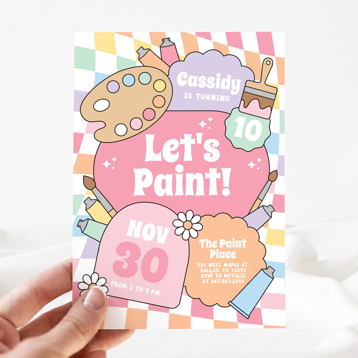 Groovy Pastel Rainbow Checker Art Birthday Invitation