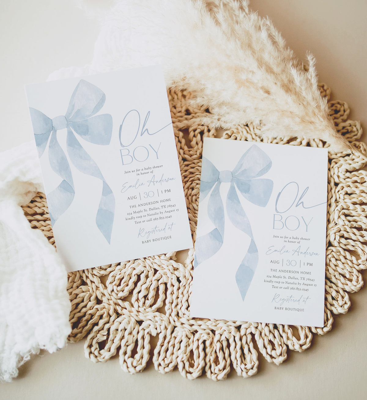 Blue Bow Baby Shower Invitation