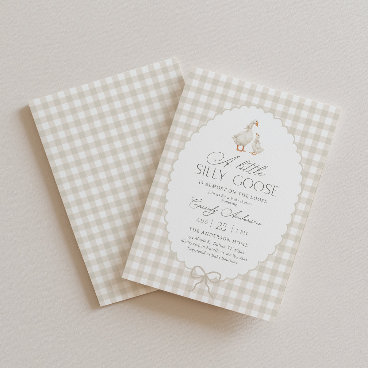 Neutral Gingham Goose Baby Shower Invitation