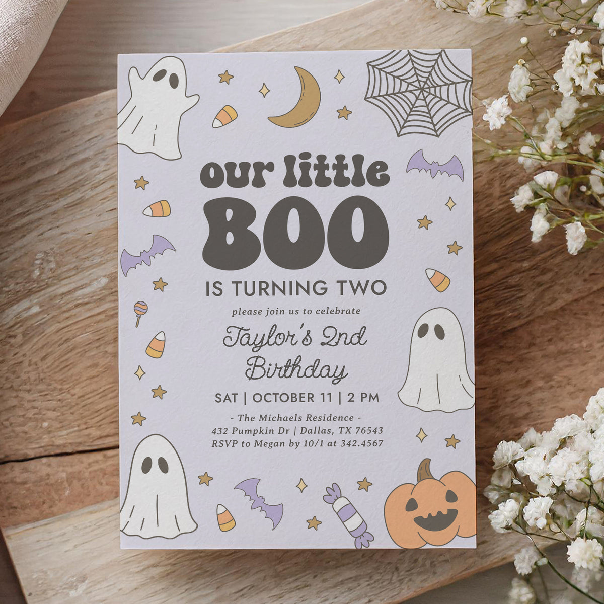 Little Boo Retro Birthday Invitation Template (Purple)