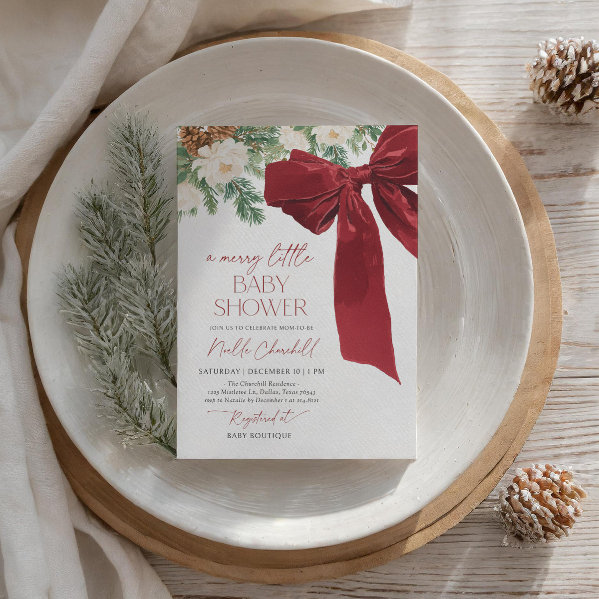 Red Christmas Bow and Greenery Baby Shower Invitation