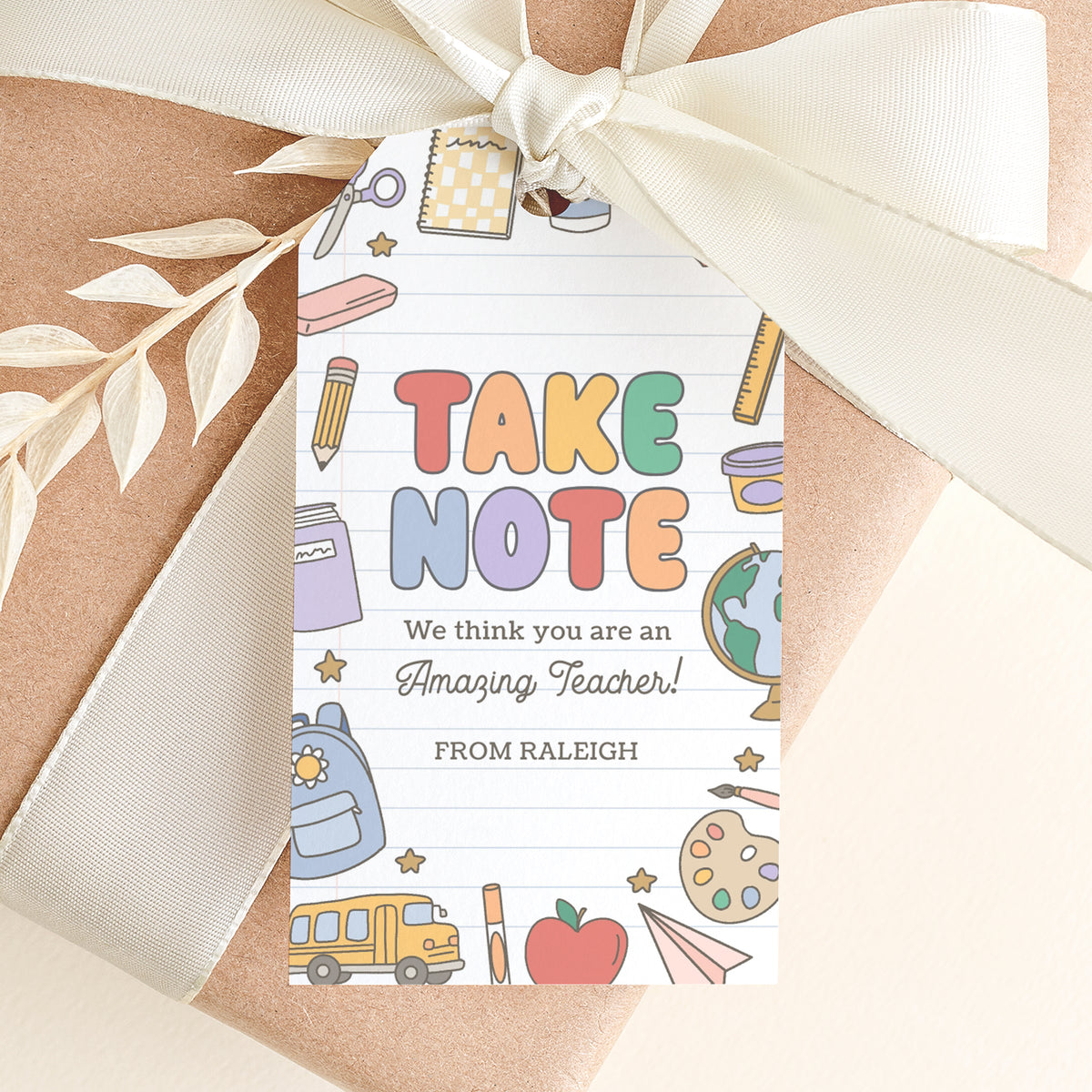 Take Note Retro School Supplies Teacher Appreciation Tag Template