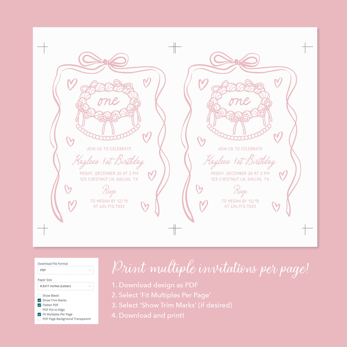 Pink Hand Drawn Bow First Birthday Invitation