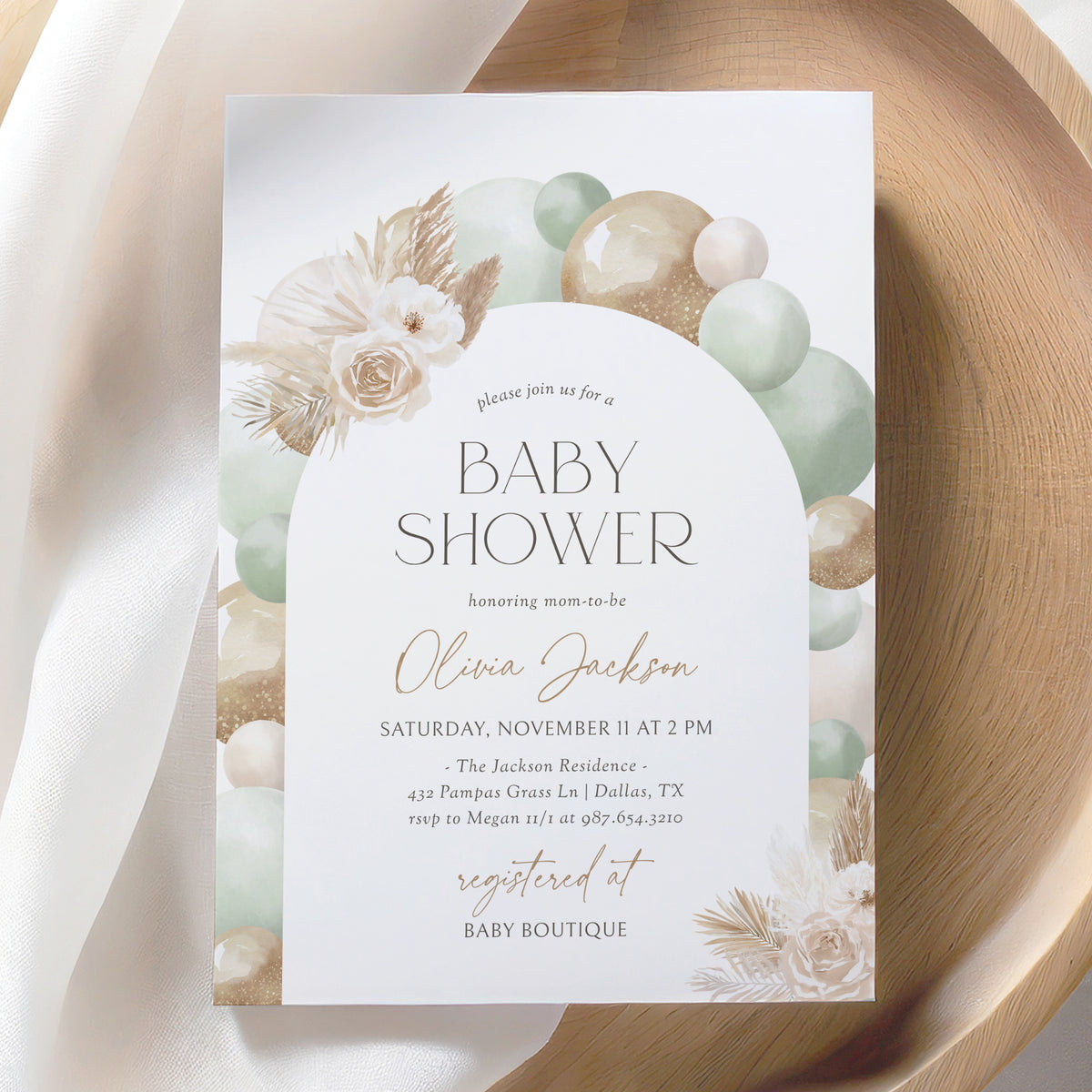 Sage Green Balloon Arch Baby Shower Invitation