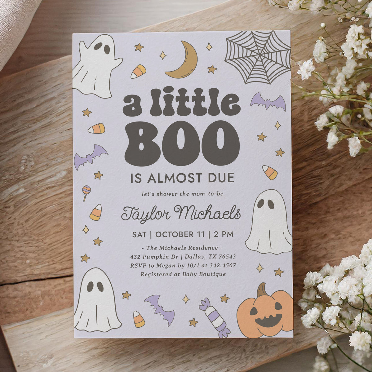 Little Boo Retro Baby Shower Invitation Template (Purple)