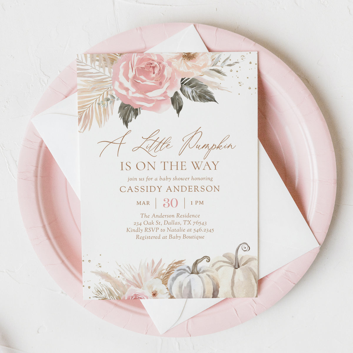 Pink Boho Little Pumpkin Baby Shower Invitation