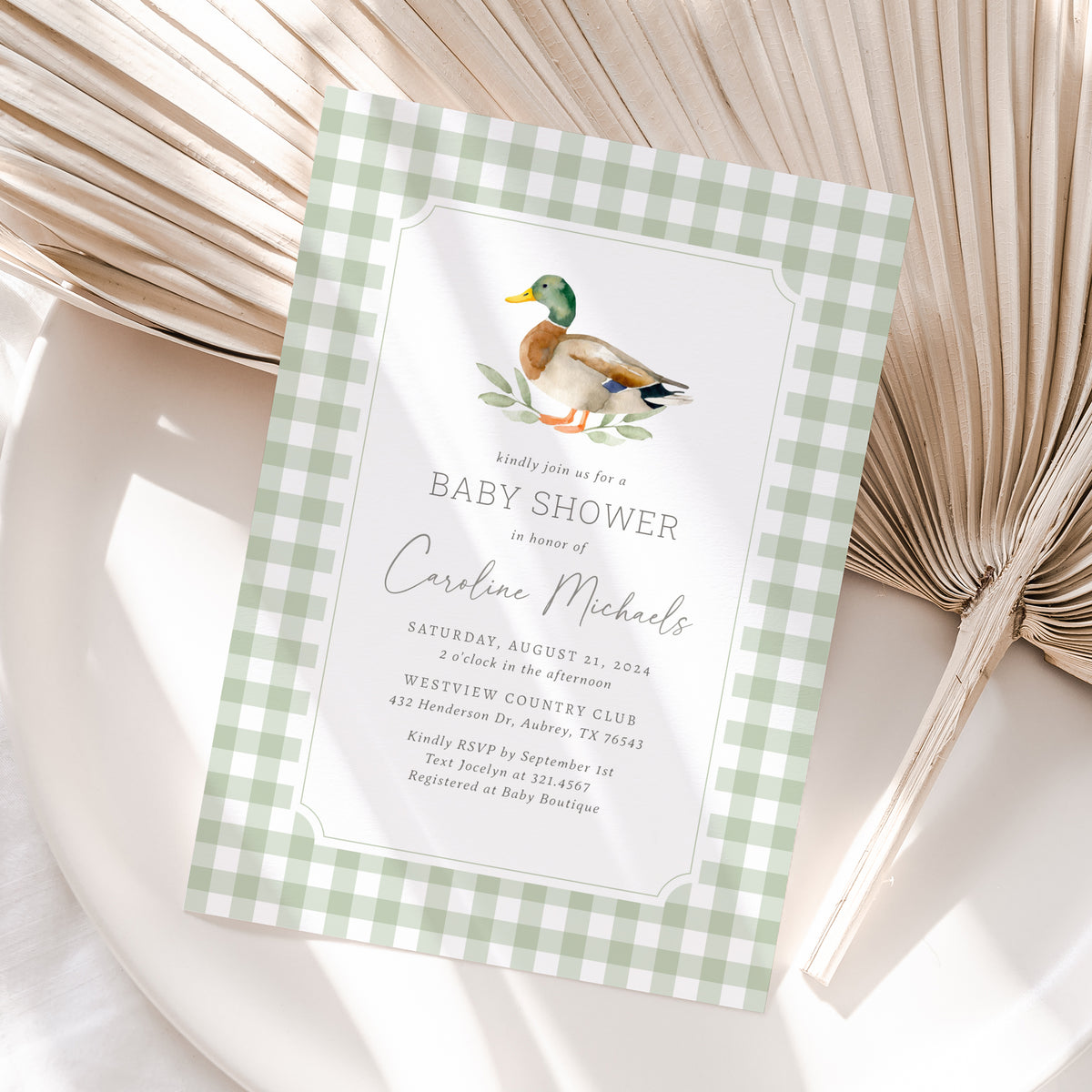 Sage Gingham Duck Baby Shower Invitation