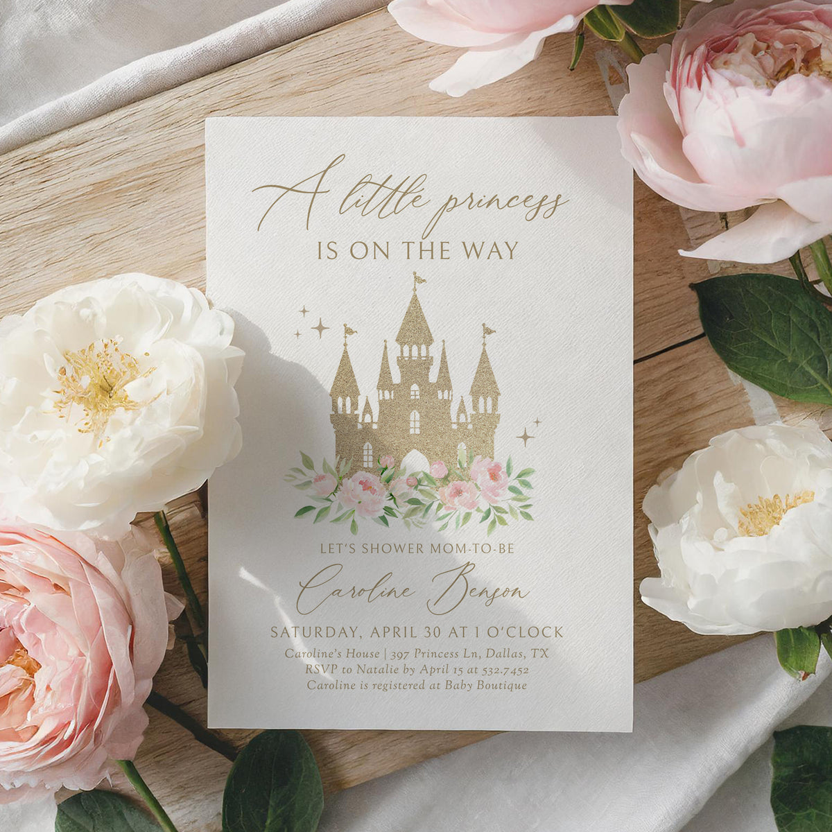 Gold Princess Castle Baby Shower Invitation