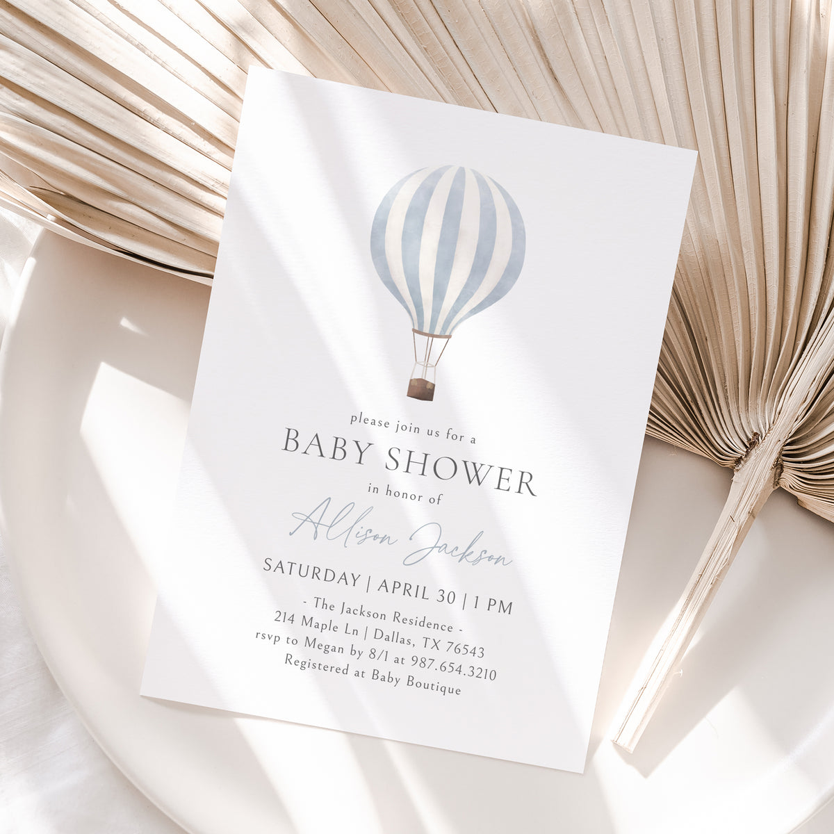 Minimalist Blue Hot Air Balloon Baby Shower Invitation