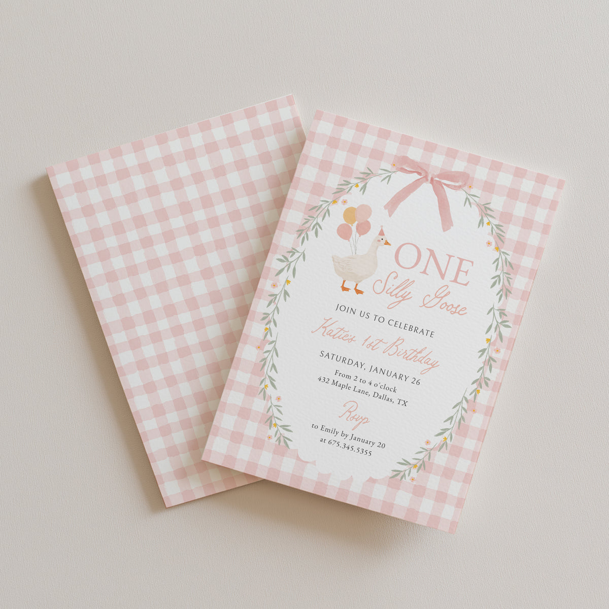 Pink Gingham Silly Goose Birthday Invitation