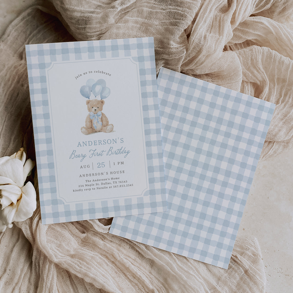 Blue Gingham Teddy Bear Birthday Invitation