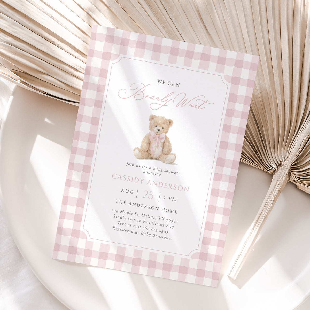 Pink Gingham Teddy Bear Baby Shower Invitation