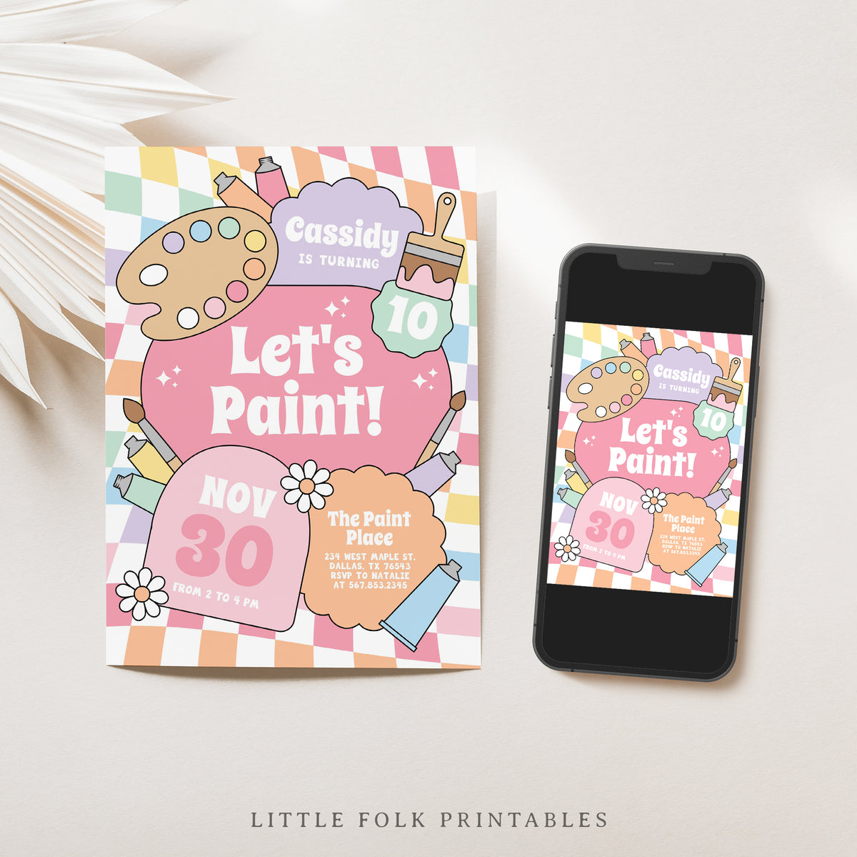 Groovy Pastel Rainbow Checker Art Birthday Invitation