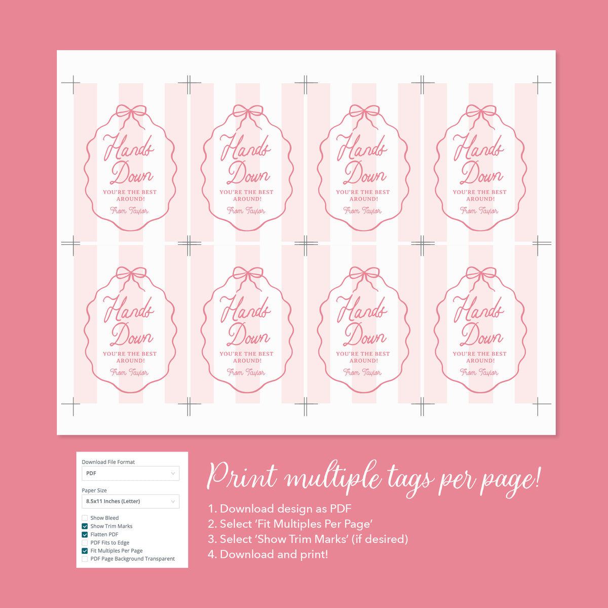 Hands Down Pink Bow Teacher Appreciation Tag Template