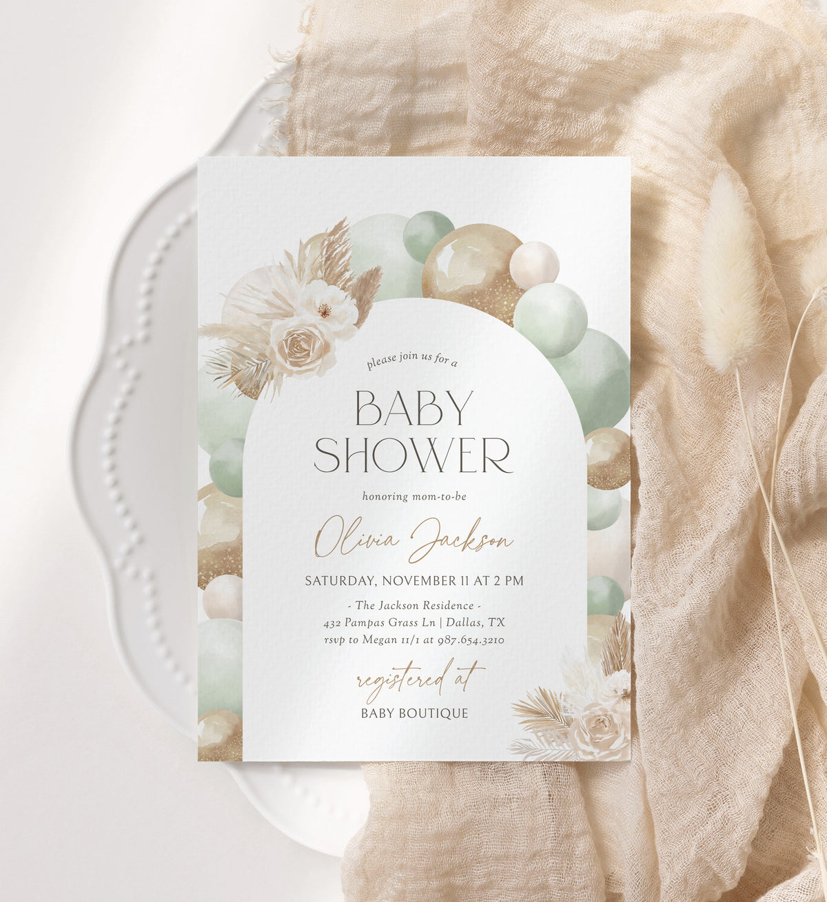 Sage Green Balloon Arch Baby Shower Invitation