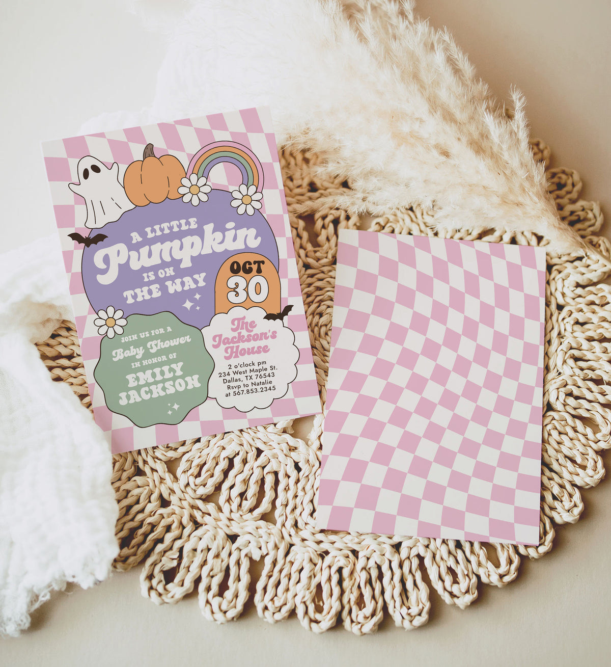 Pink Retro Checker Little Pumpkin Baby Shower Invitation