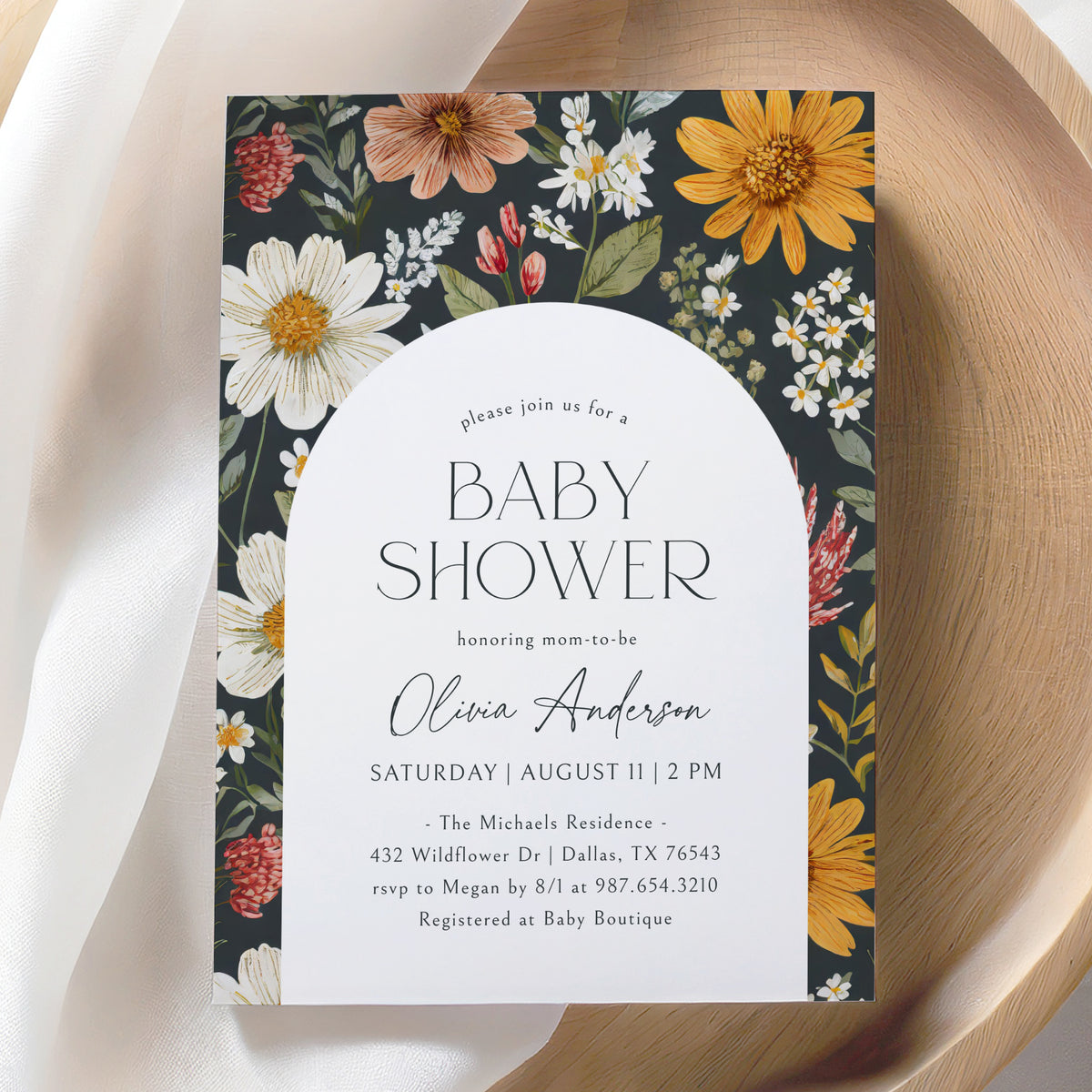 Dark Wildflower Baby Shower Invitation