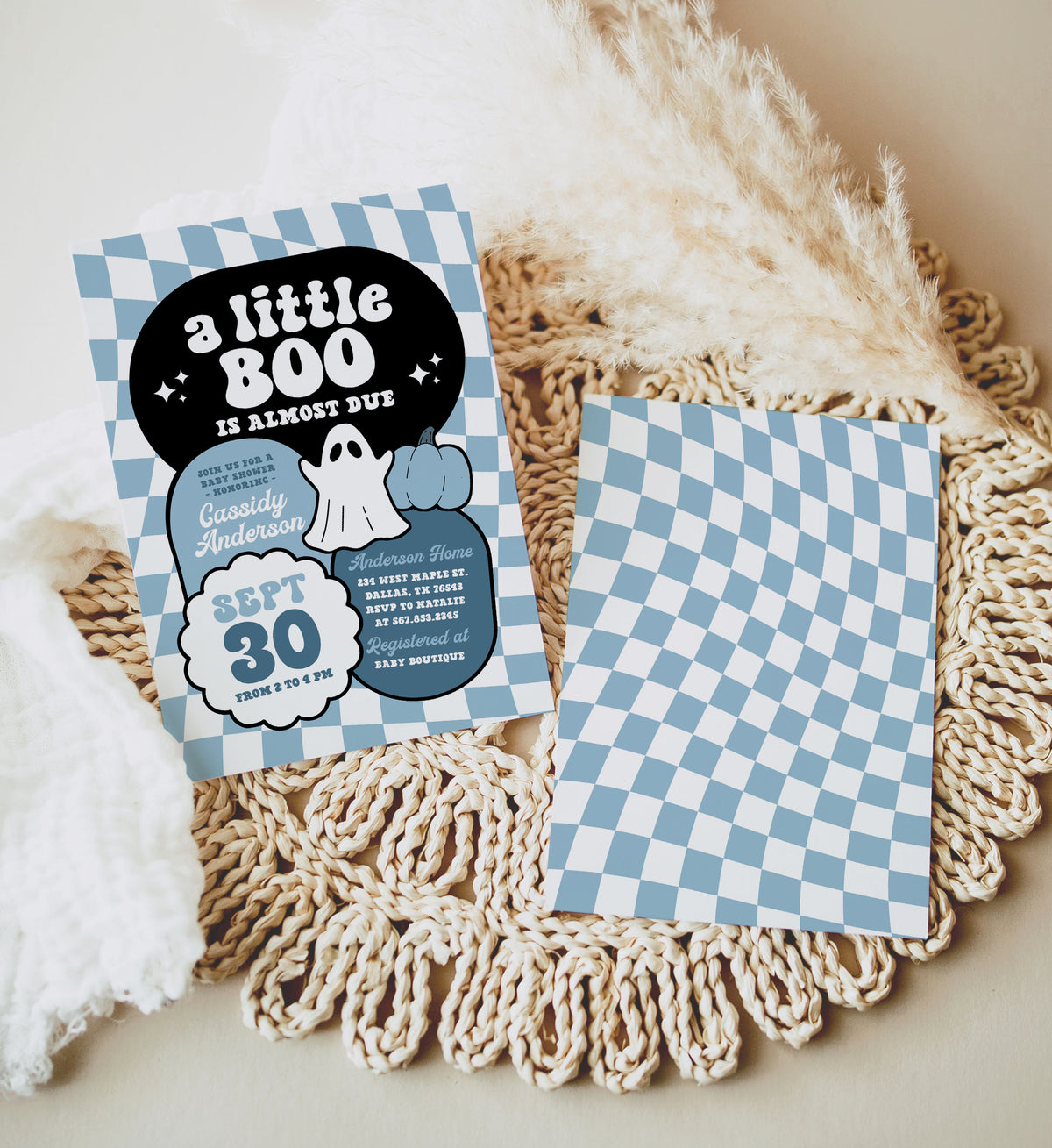Blue Checker Little Boo Baby Shower Invitation