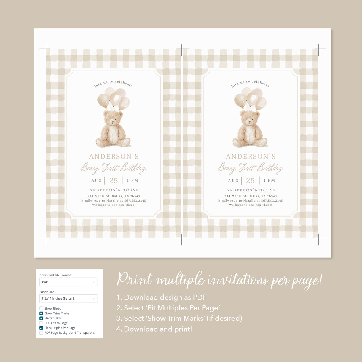 Neutral Gingham Teddy Bear Birthday Invitation