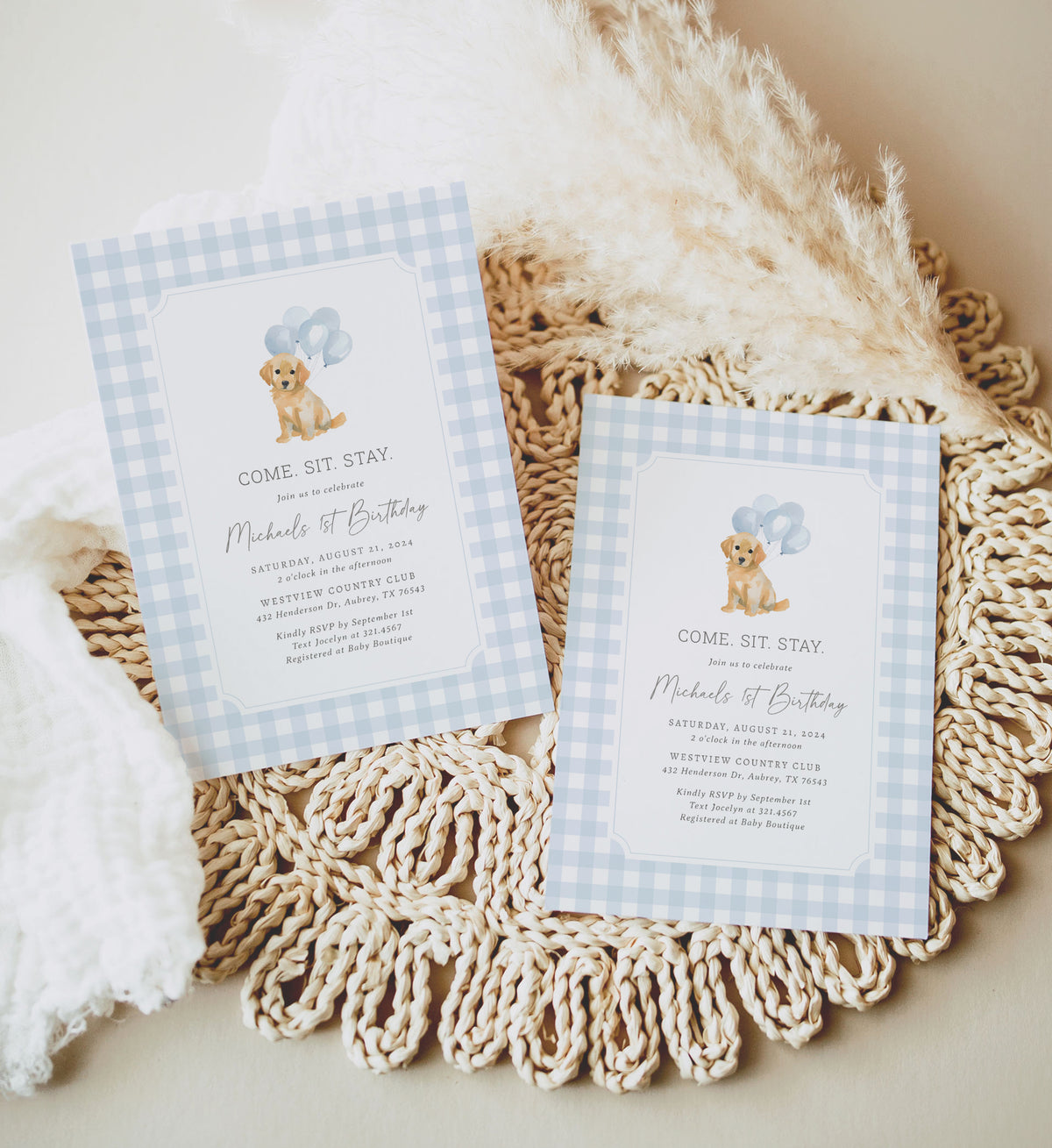 Blue Gingham Golden Retriever Birthday Invitation