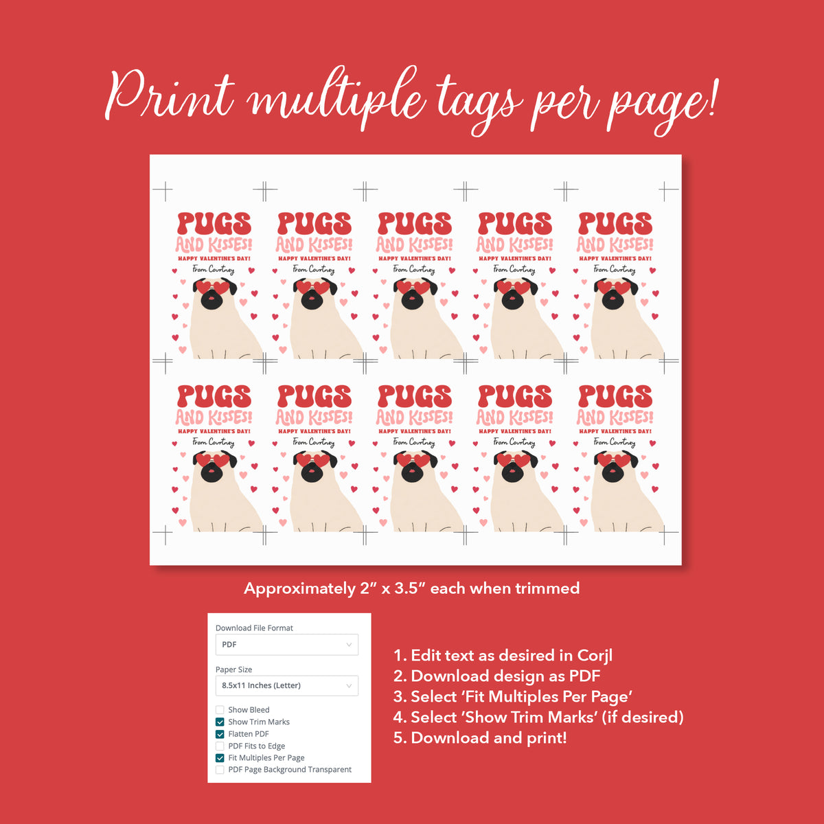 Pugs and Kisses Valentine's Tag Template
