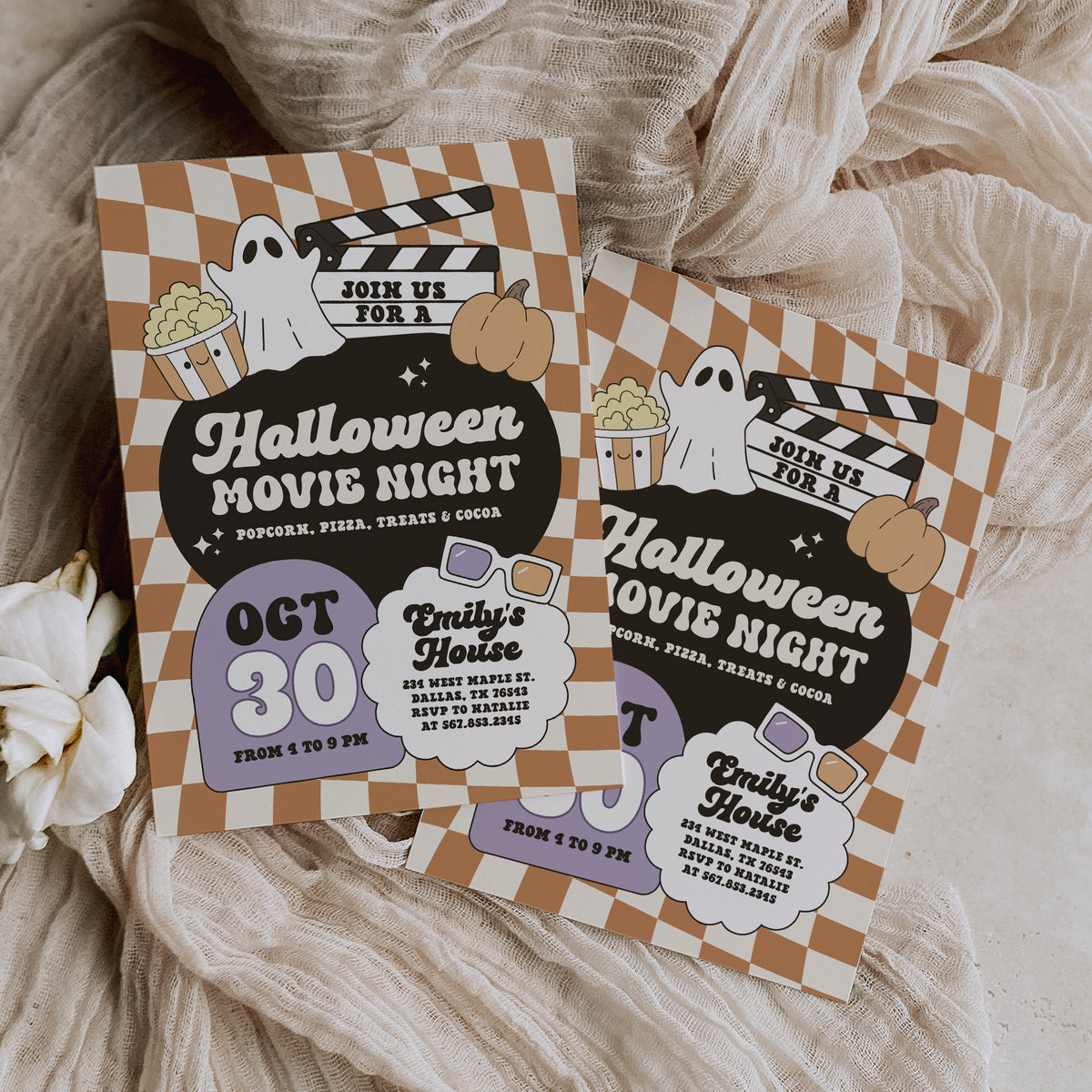 Retro Checker Halloween Movie Night Invitation