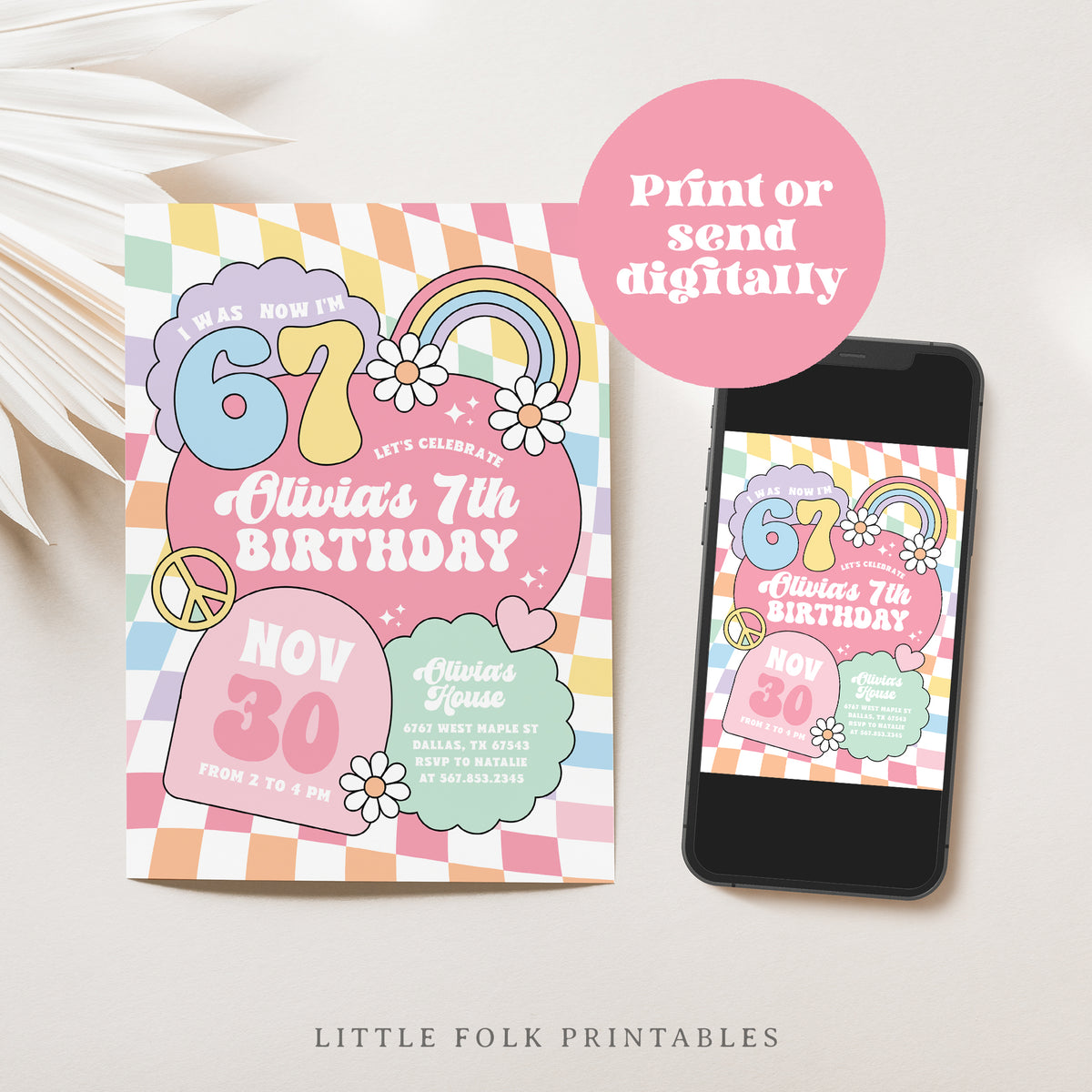 Retro Rainbow 67 Birthday Invitation