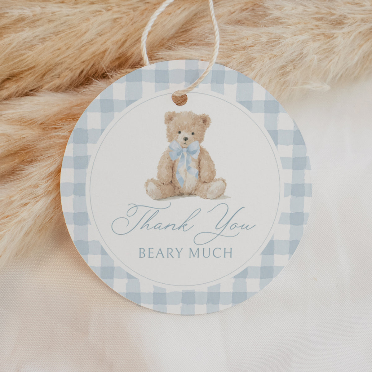 Blue Gingham Teddy Bear Baby Shower Round Tag
