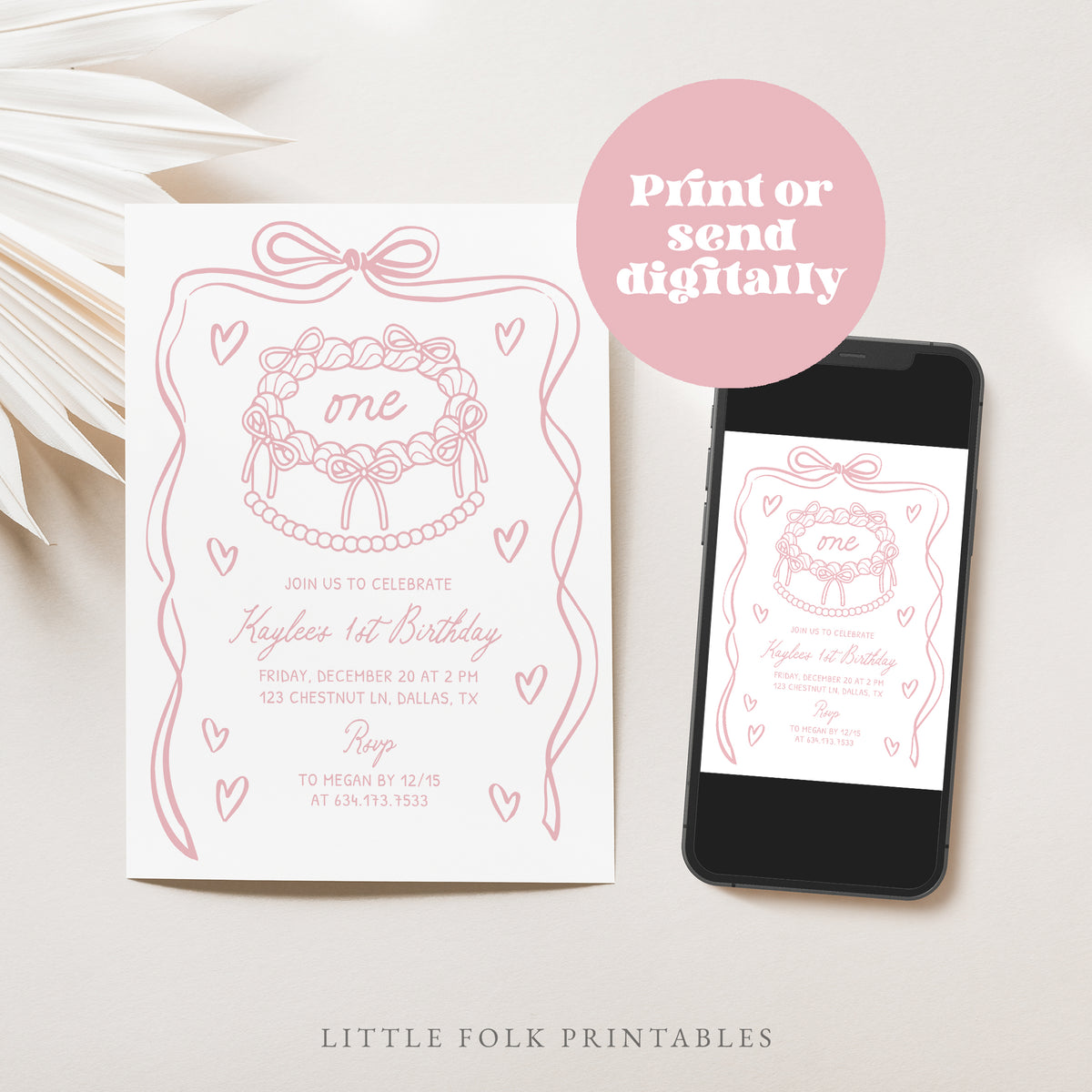 Pink Hand Drawn Bow First Birthday Invitation