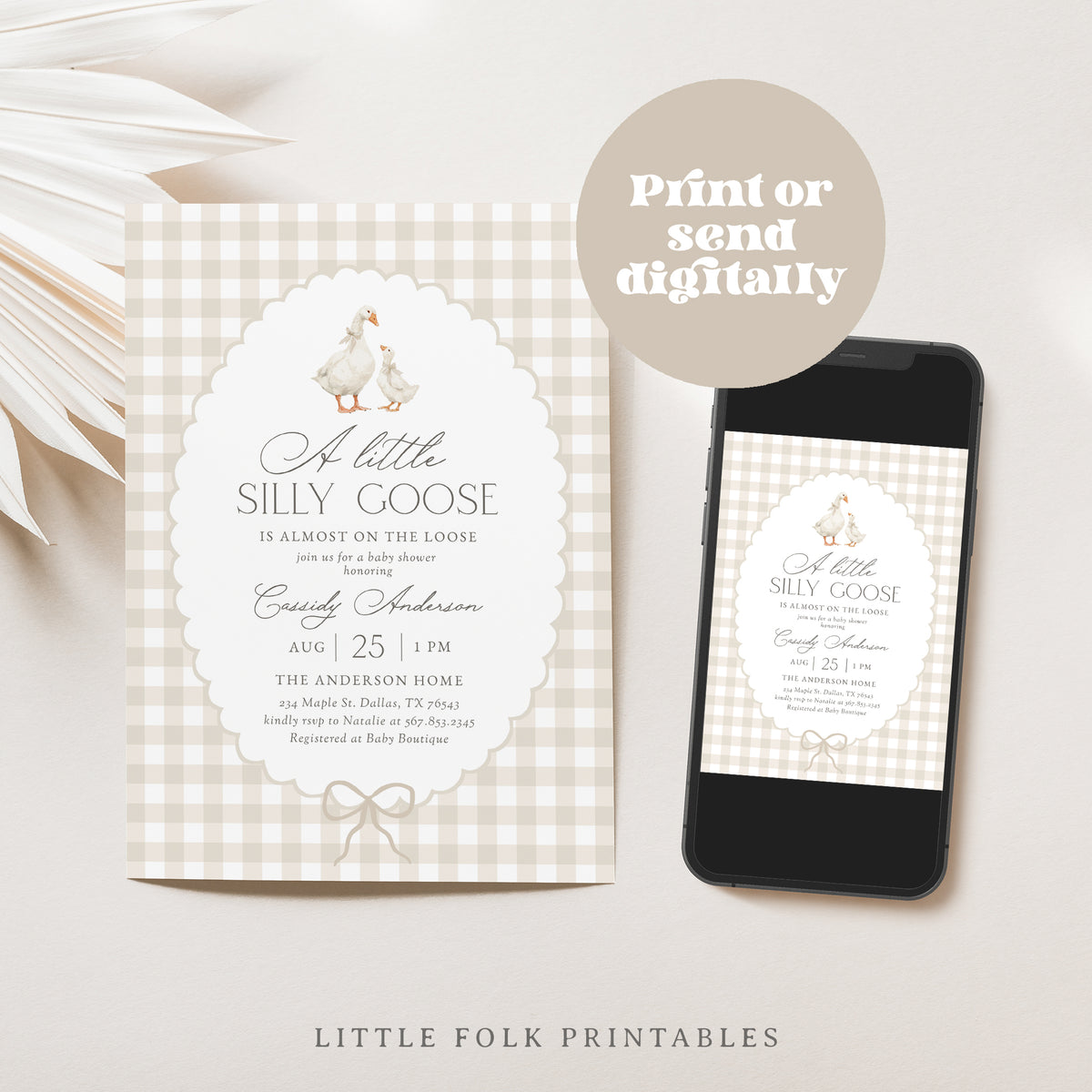Neutral Gingham Goose Baby Shower Invitation