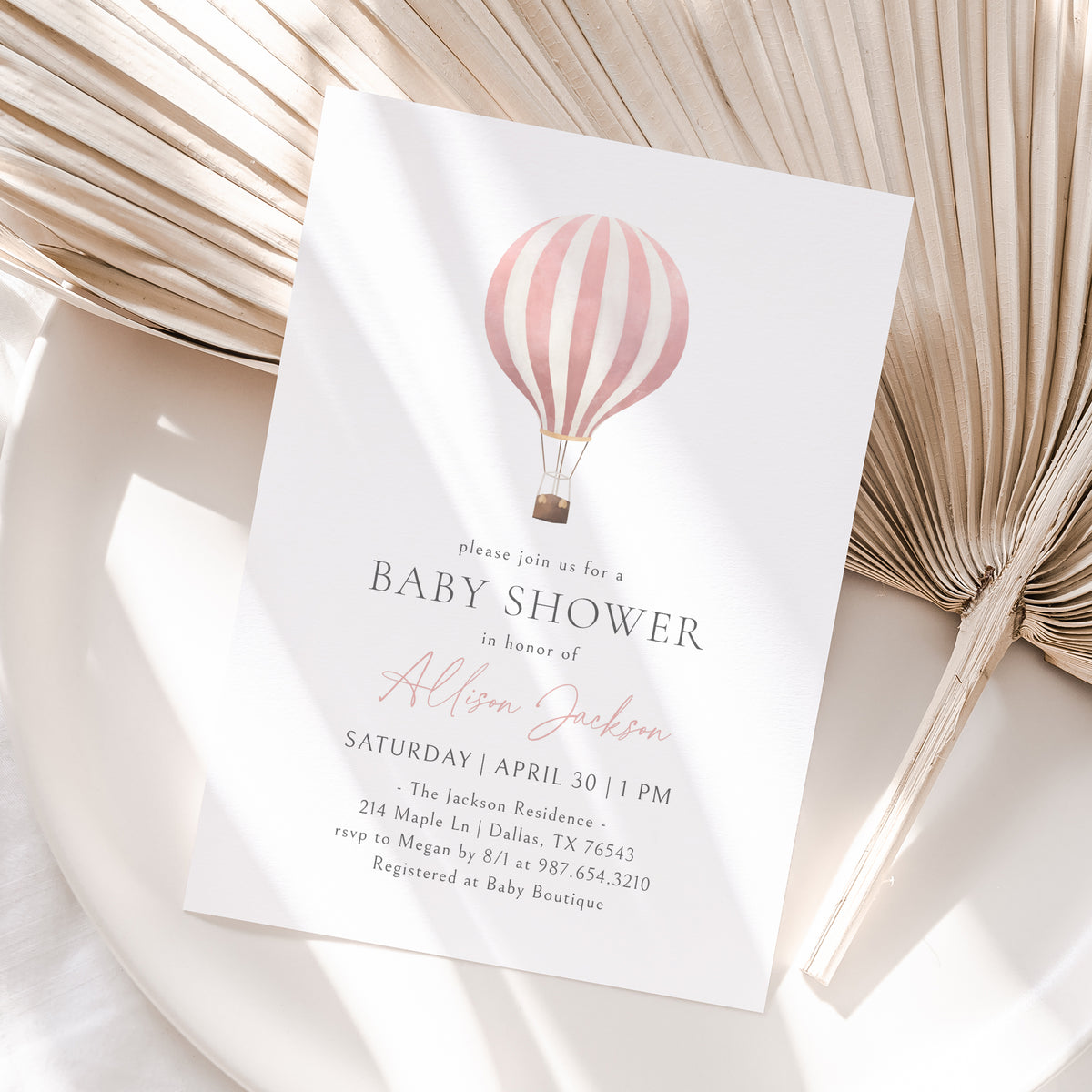 Minimalist Pink Hot Air Balloon Baby Shower Invitation