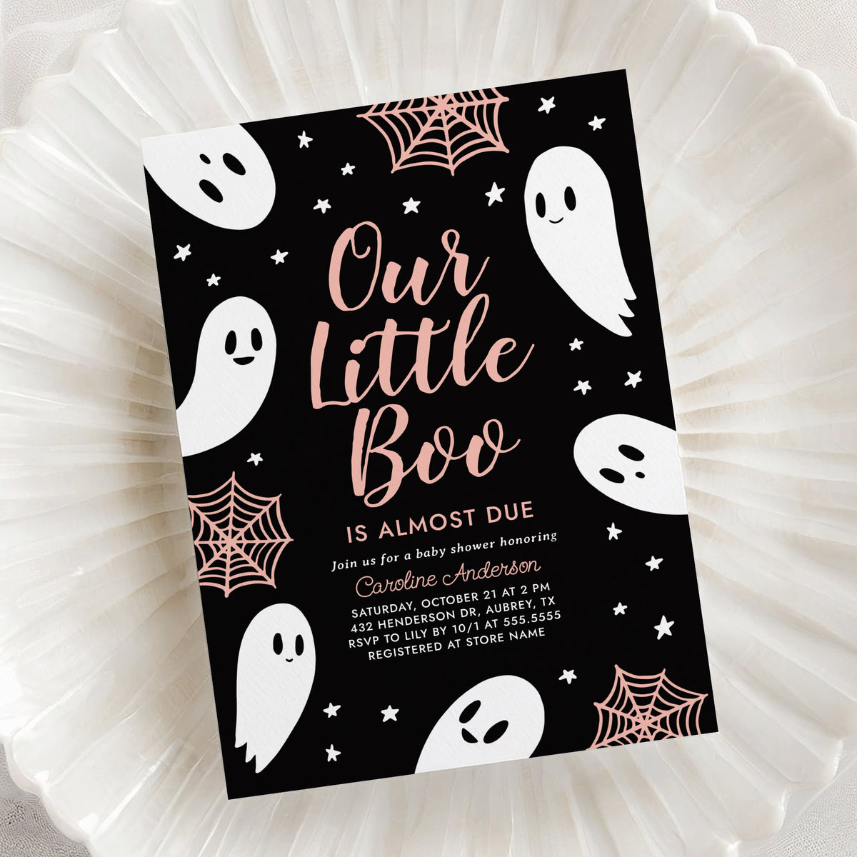 A Little Boo is Almost Due Baby Shower Invitation Template (Black & Pink)