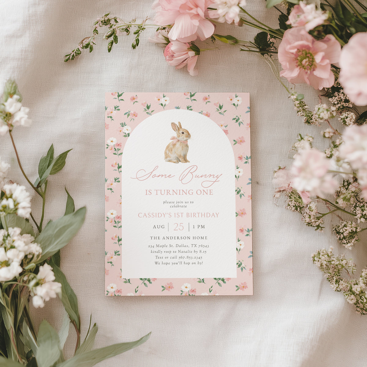 Pink Floral Bunny Birthday Invitation