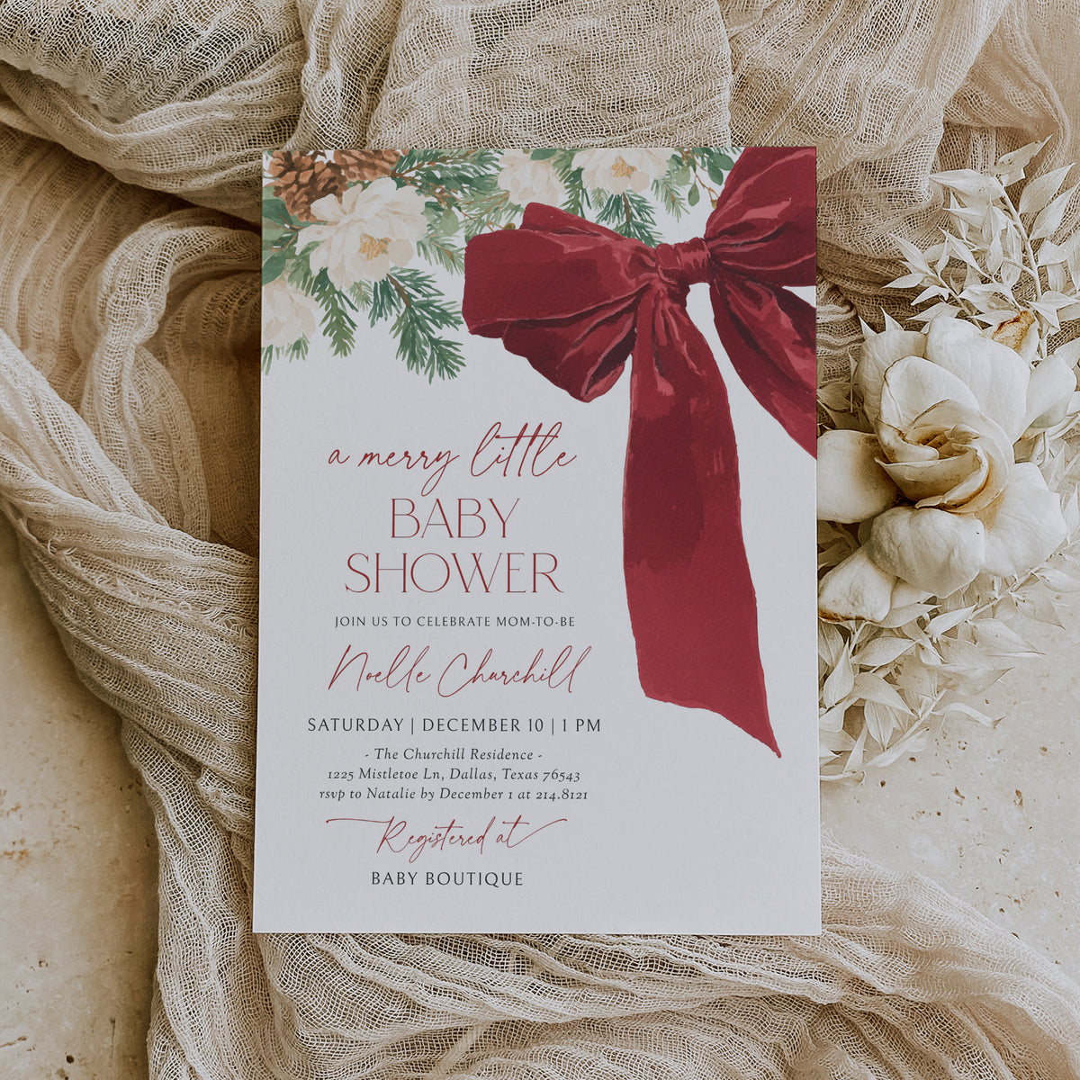 Red Christmas Bow and Greenery Baby Shower Invitation