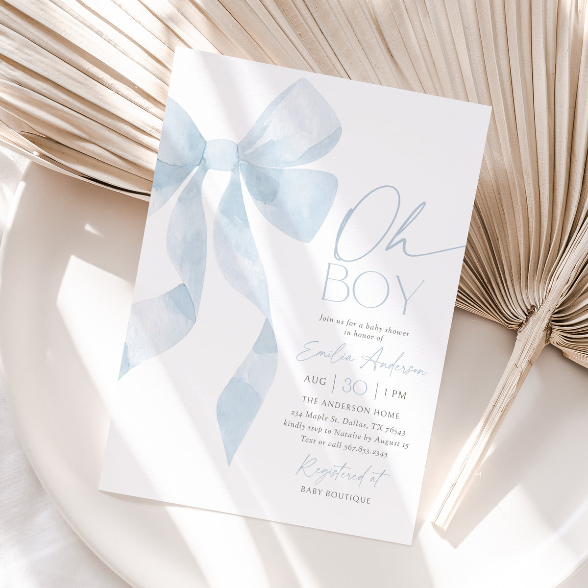 Blue Bow Baby Shower Invitation