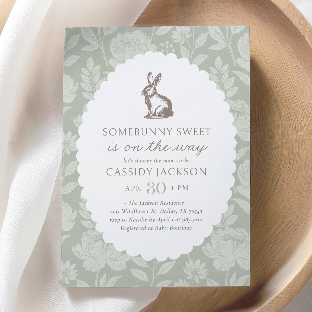 Sage Green Floral Bunny Baby Shower Invitation