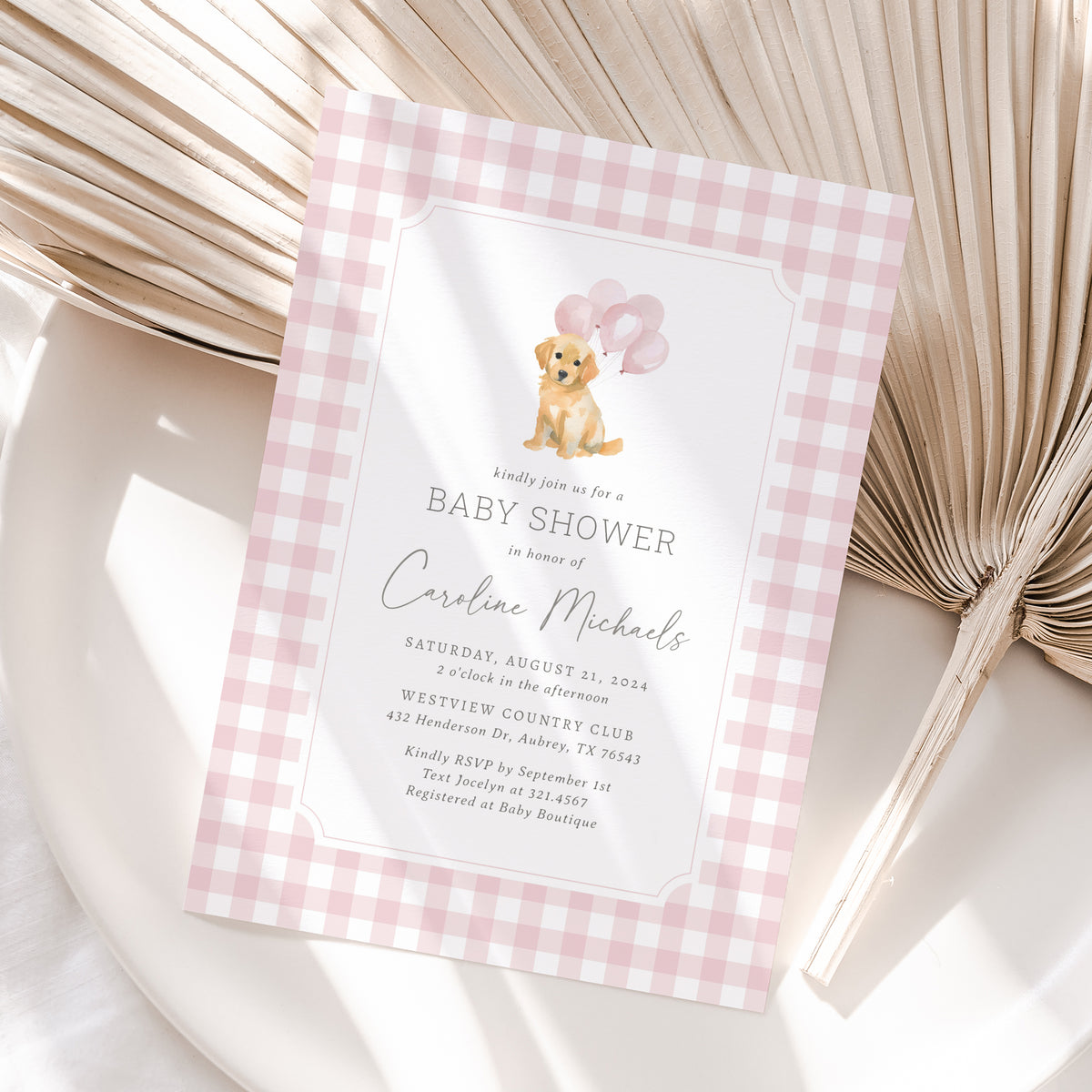 Pink Gingham Golden Retriever Baby Shower Invitation