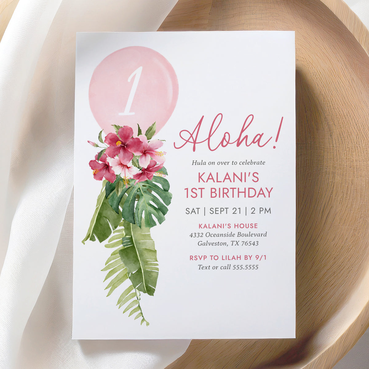 Editable 1st Luau Balloon Birthday Party Invitation Template