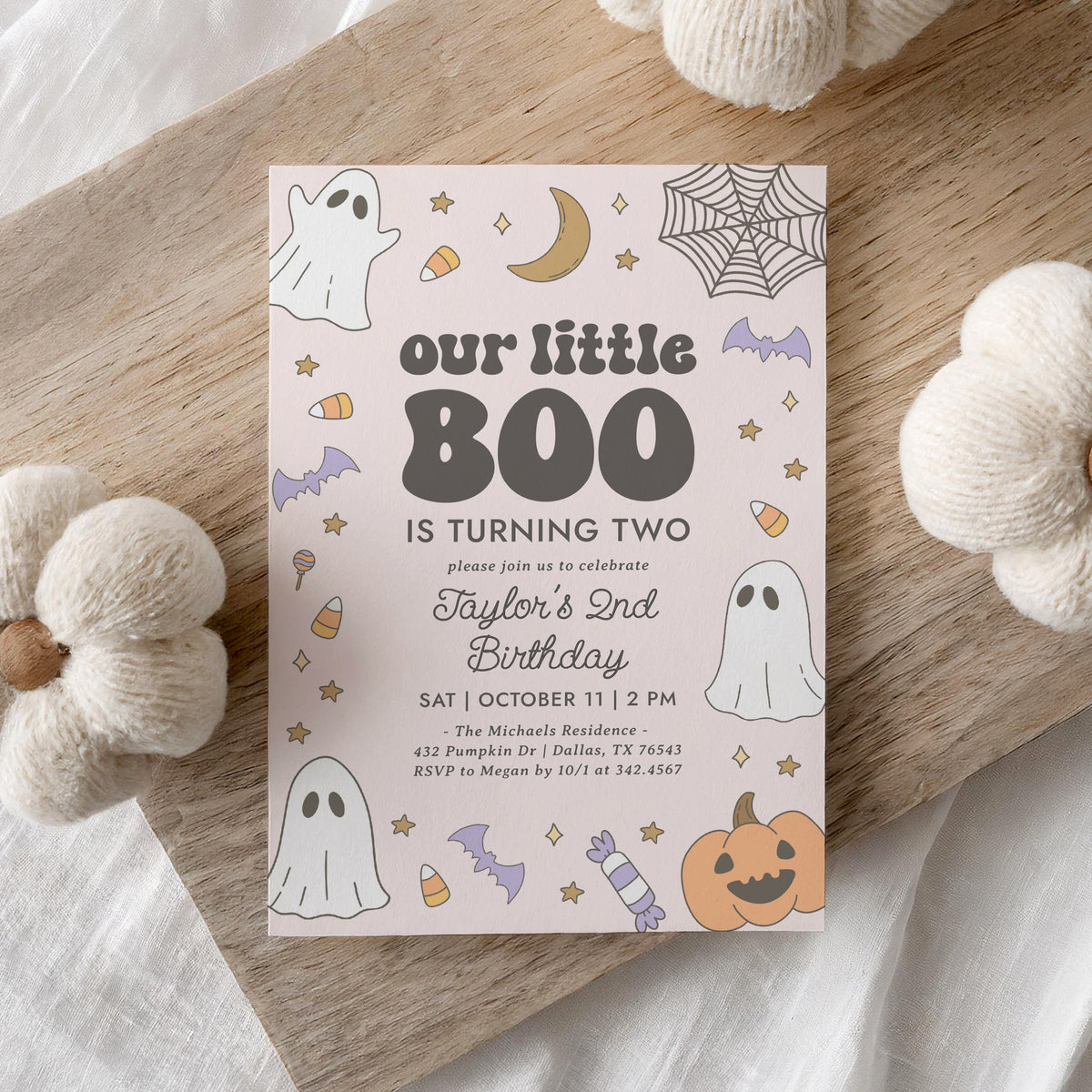 Little Boo Retro Birthday Invitation Template (Pink)