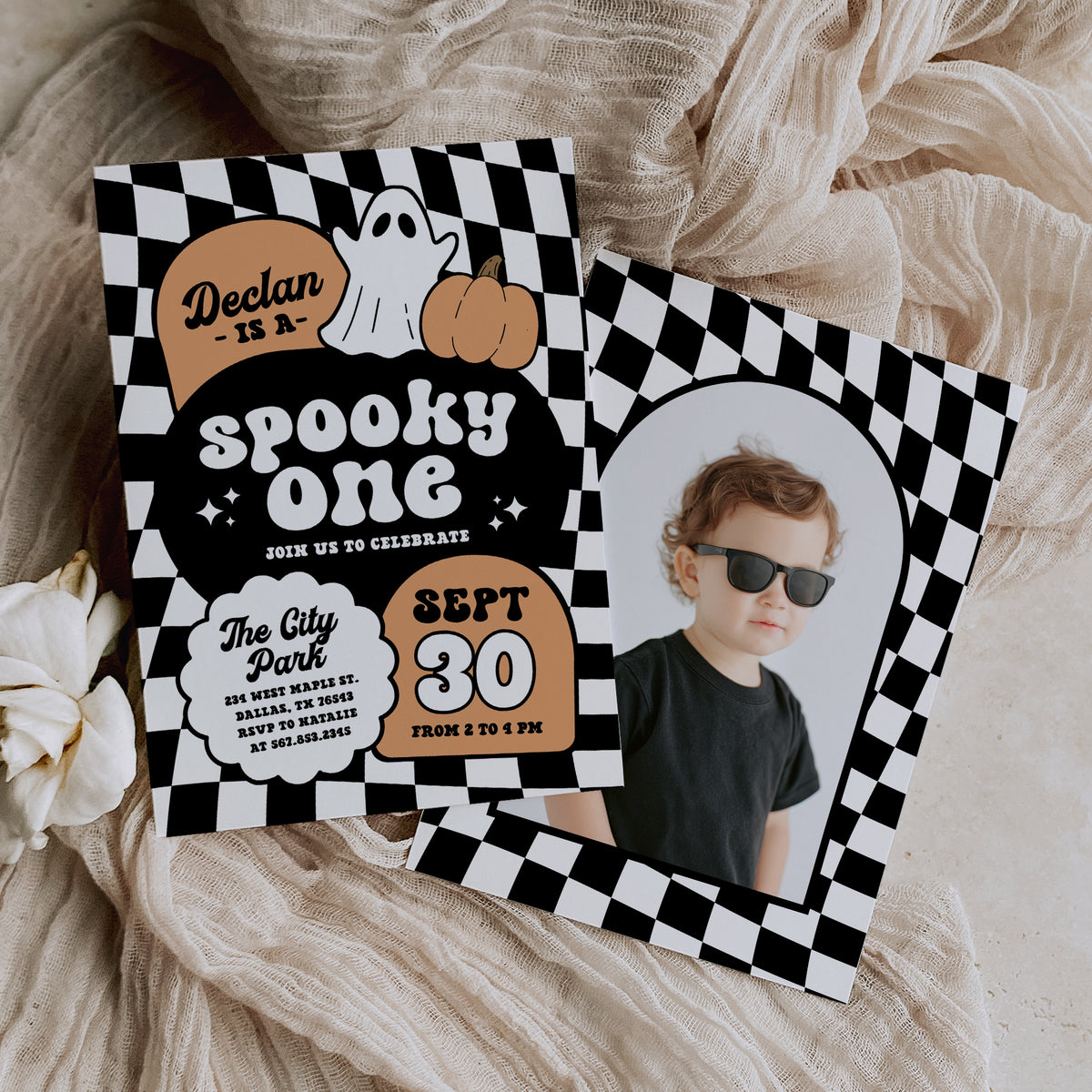 Orange Retro Checker Spooky One Halloween Birthday Invitation