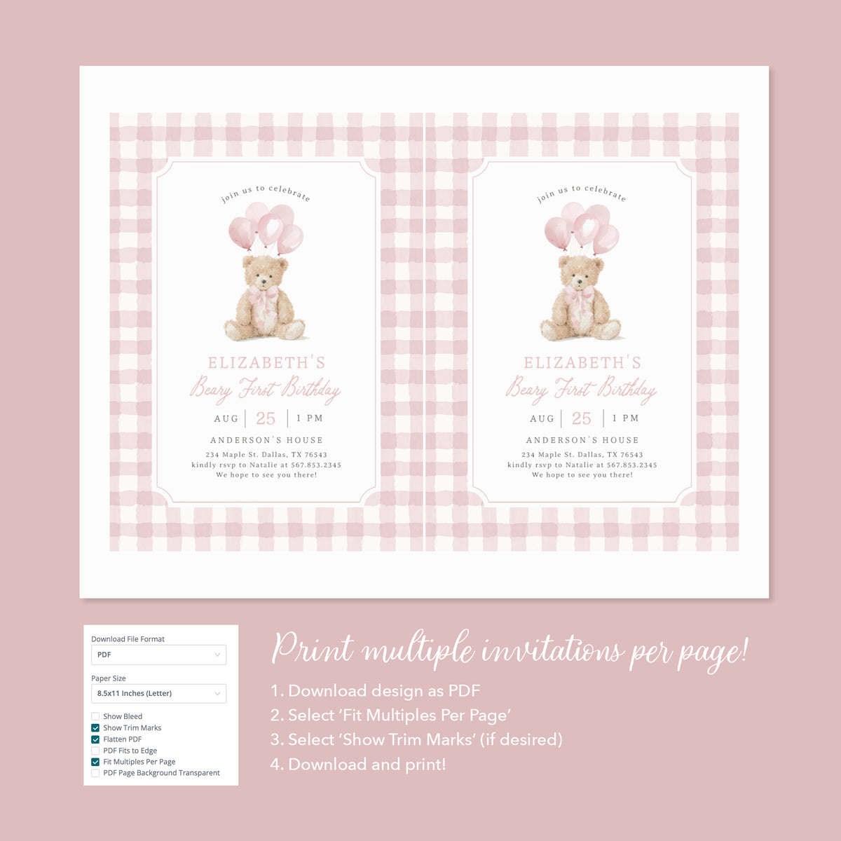 Pink Gingham Teddy Bear Birthday Invitation
