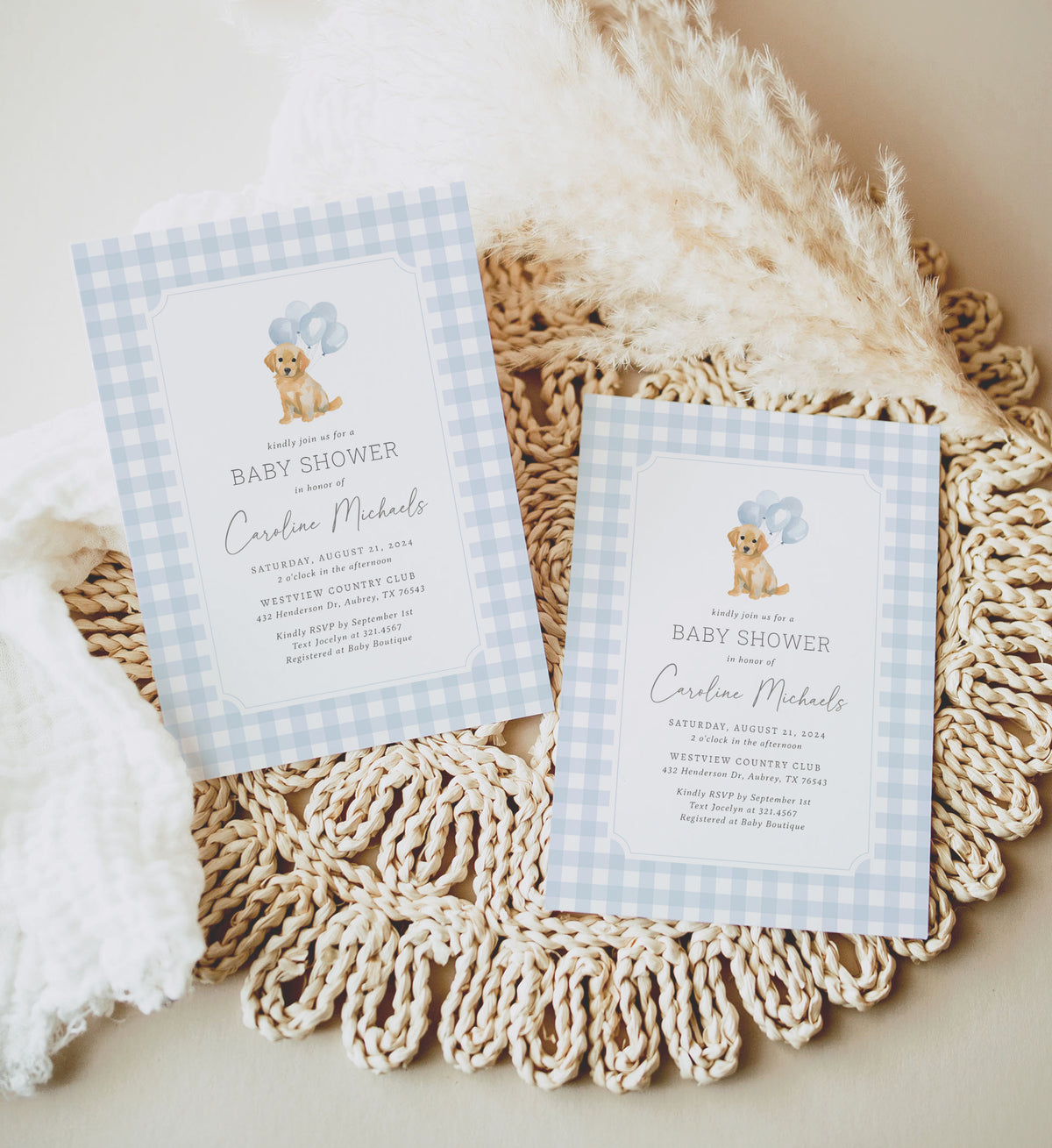 Blue Gingham Golden Retriever Baby Shower Invitation