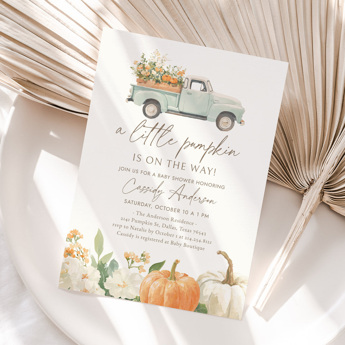Little Pumpkin Vintage Truck Baby Shower Invitation