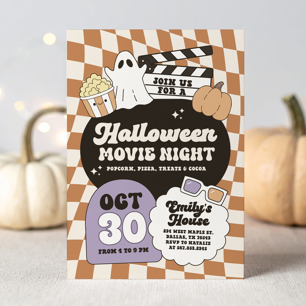 Retro Checker Halloween Movie Night Invitation