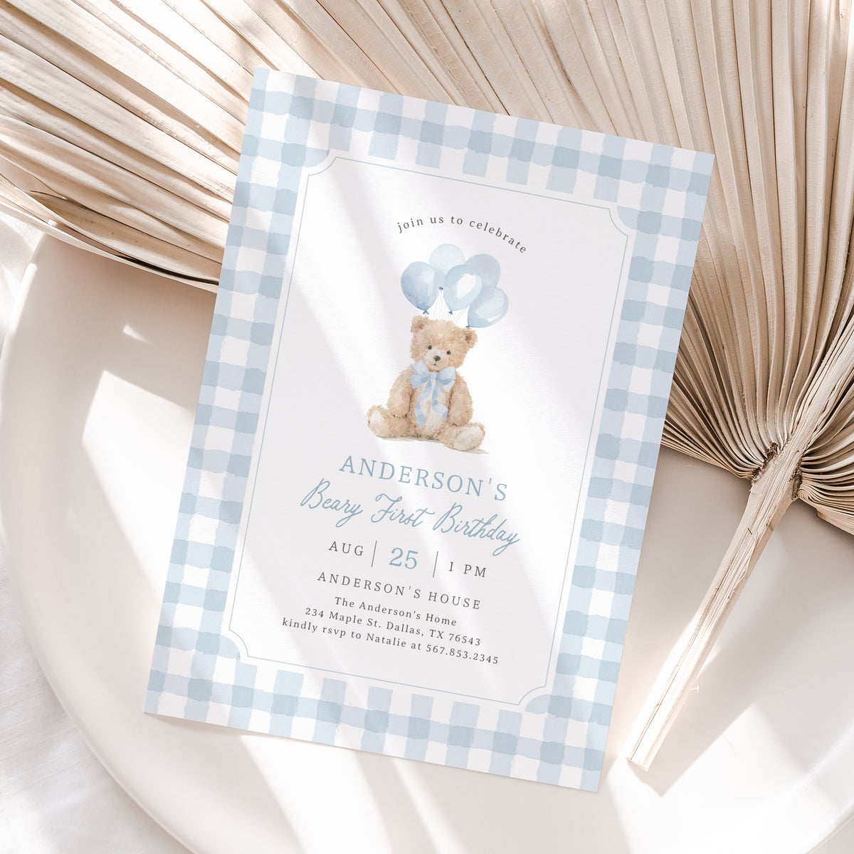 Blue Gingham Teddy Bear Birthday Invitation