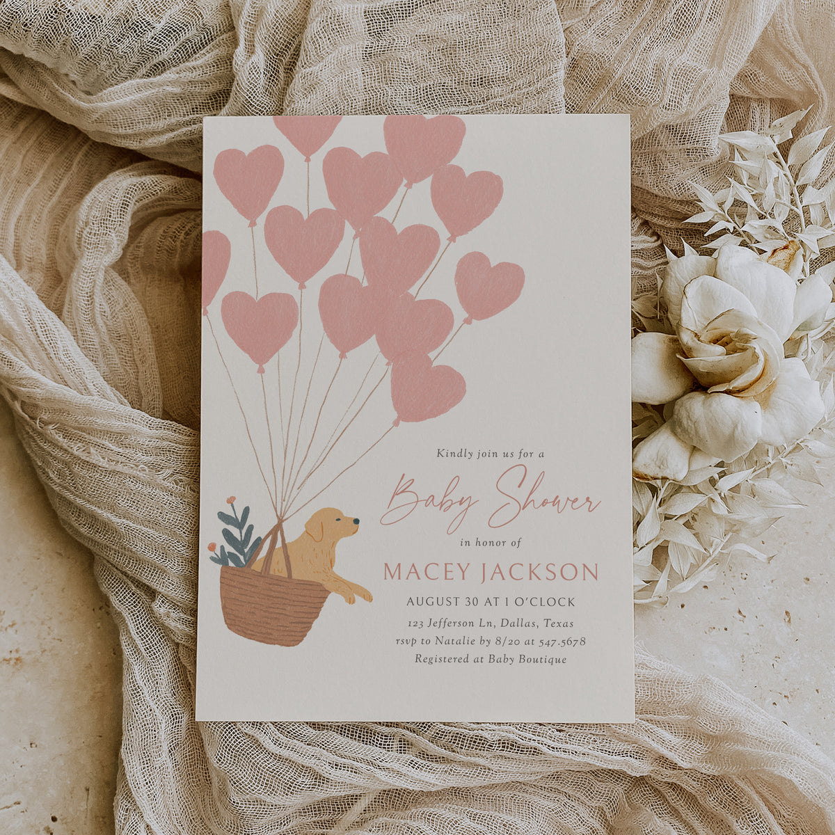 Golden Retriever with Balloons Baby Shower Invitation